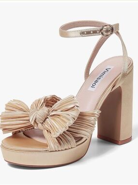 Gold Pleated Bow Block Heel Sandal
